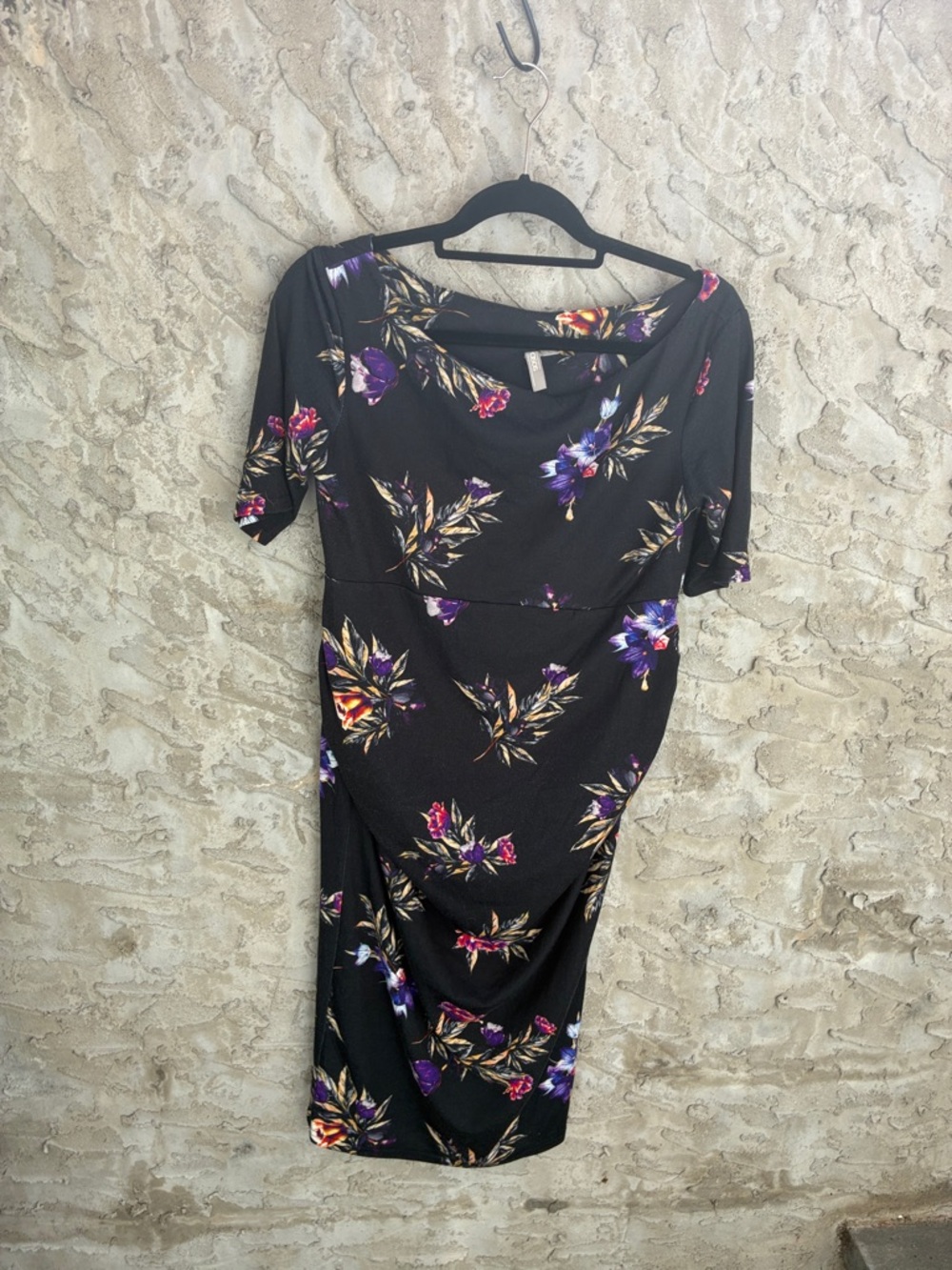 Asos Women’s Dark Green Gathered Midi Dress Short Sleeves Purple Accent Size S